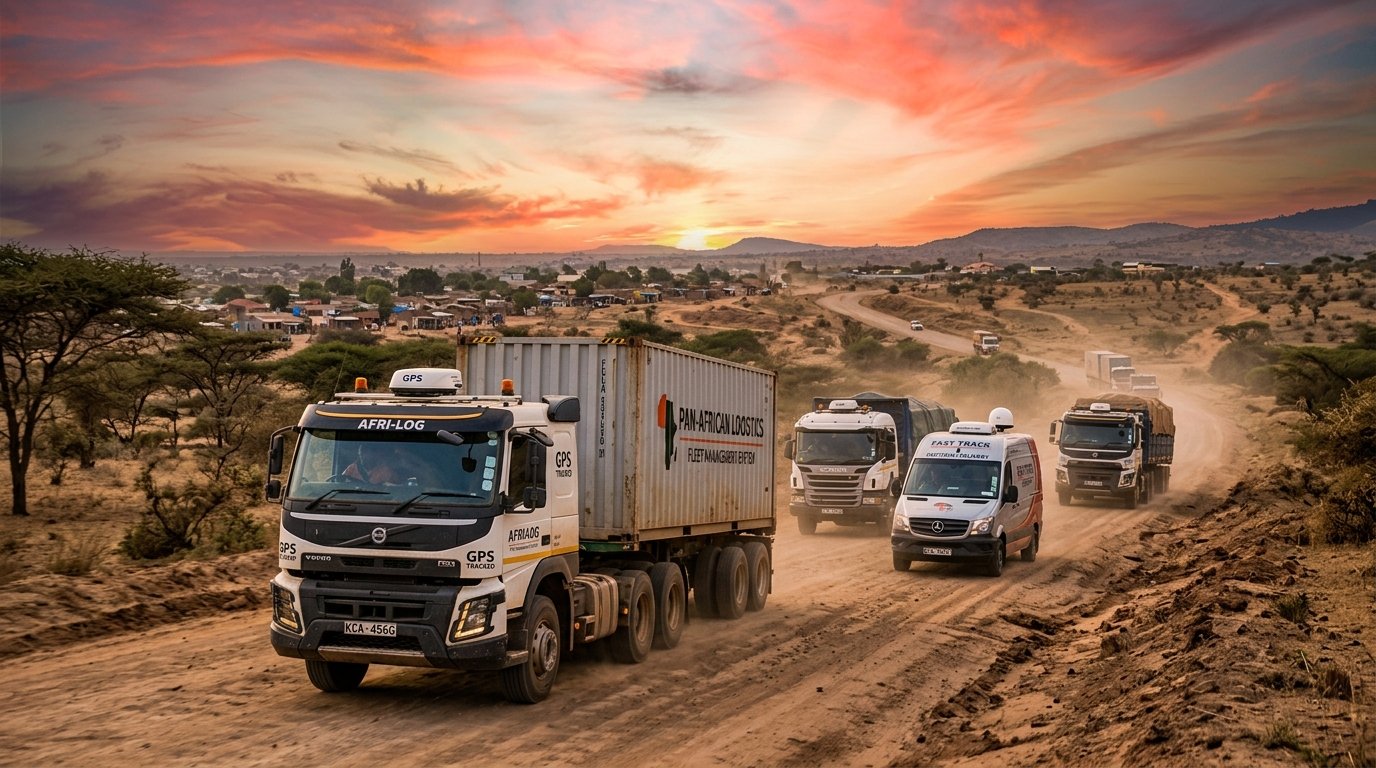 Camions de transport sur route africaine illustrant les défis de la gestion de flotte en Afrique