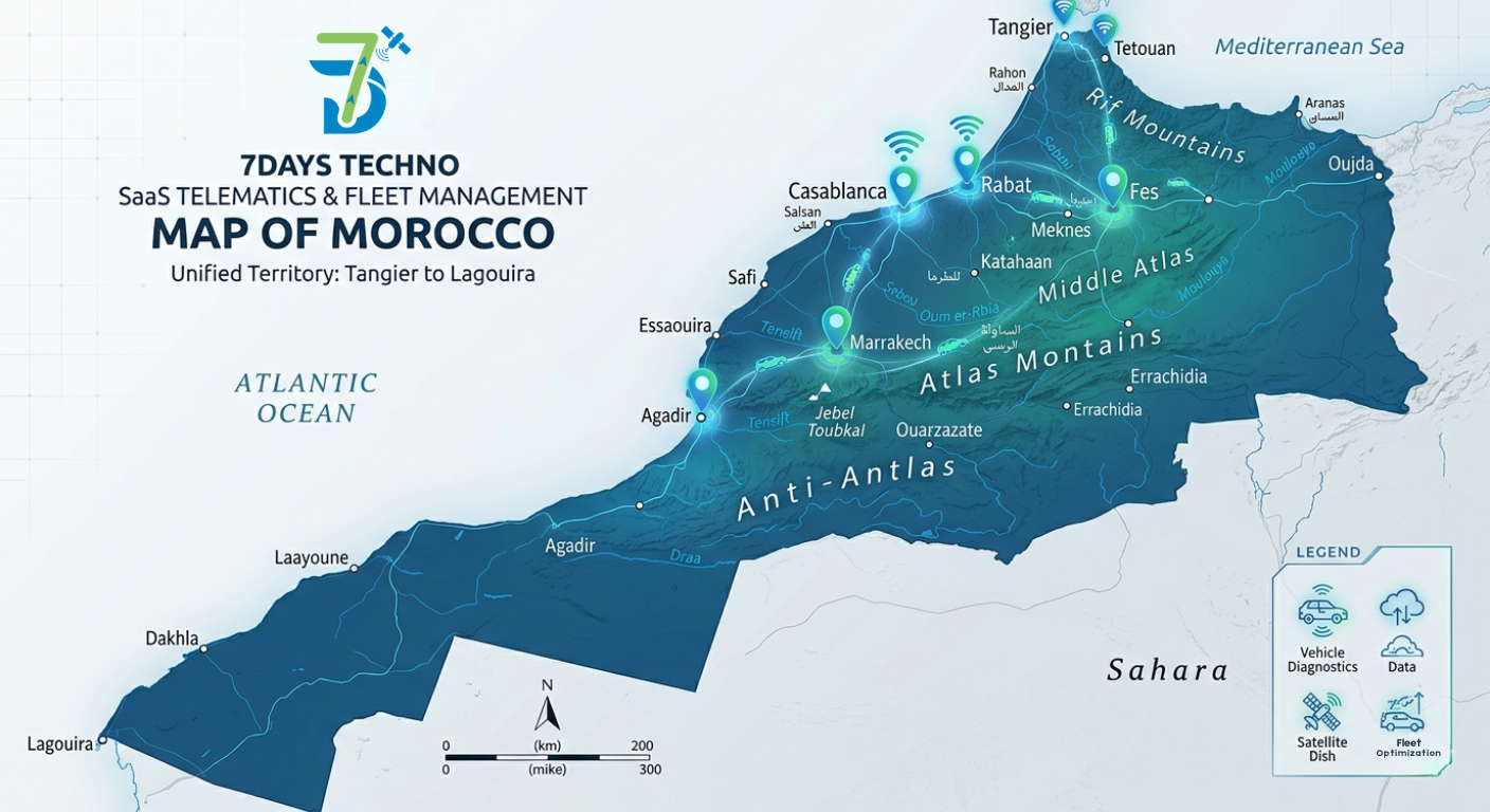 Carte couverture GPS Maroc — Casablanca, Rabat, Marrakech, Fès, Tanger, Agadir, Meknès, Tétouan — 7DAYS Techno