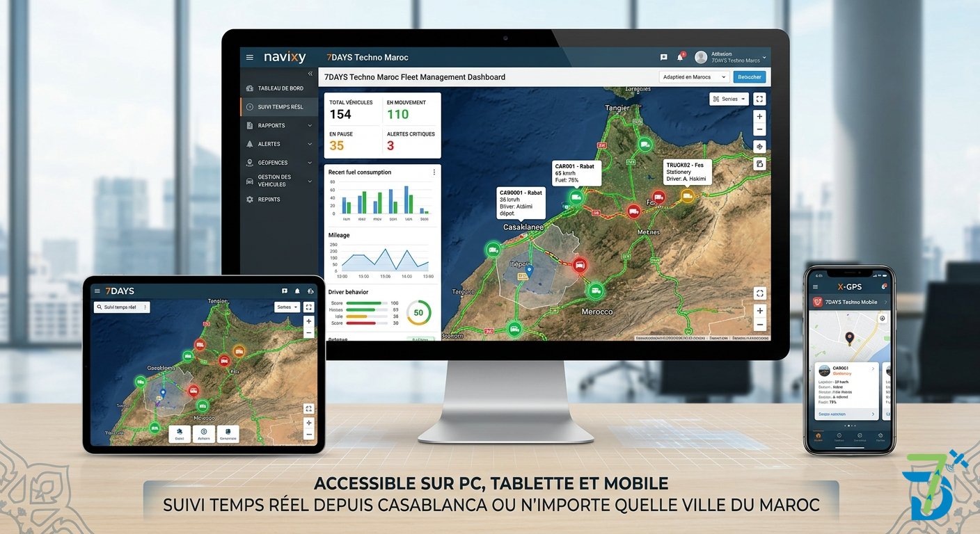 Interface plateforme GPS Navixy temps réel — Suivi flotte Maroc — 7DAYS Techno