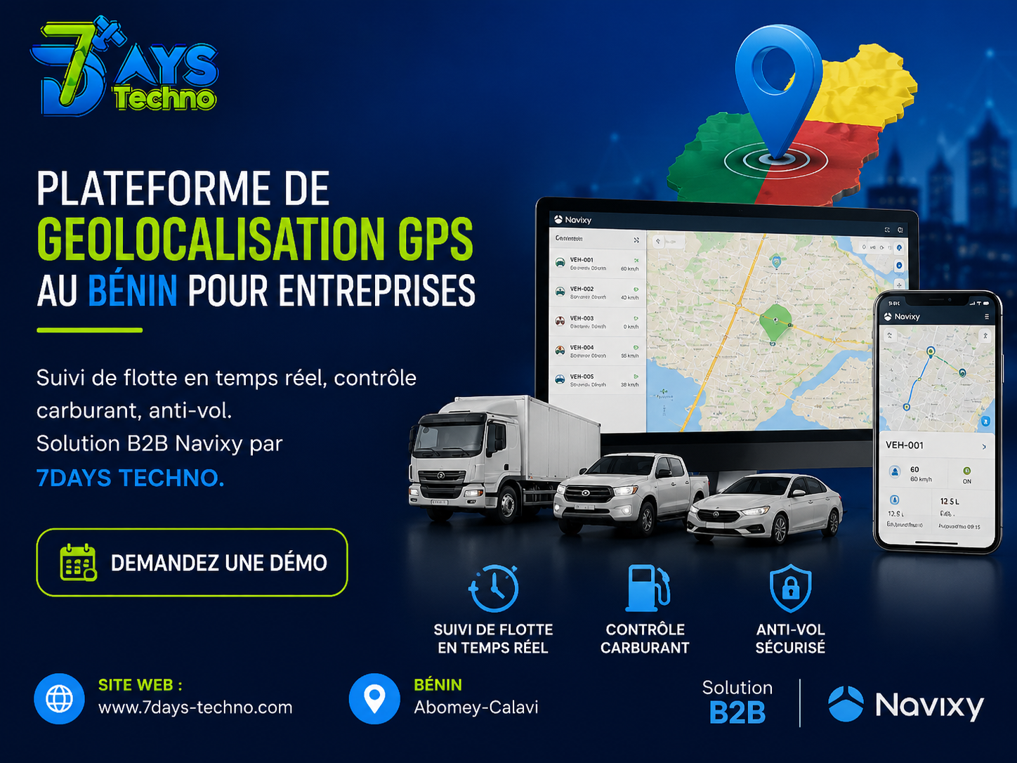 Geolocalisation GPS Benin Plateforme B2B Pour Flottes - 7DAYS TECHNO